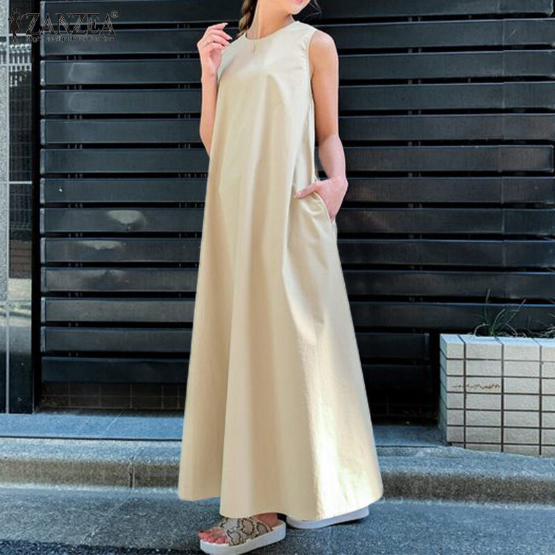 ZANZEA Korean Style Women's Dresses Vintage Sleeveless A-Line Loose O-Neck Maxi Tank Sundress #8