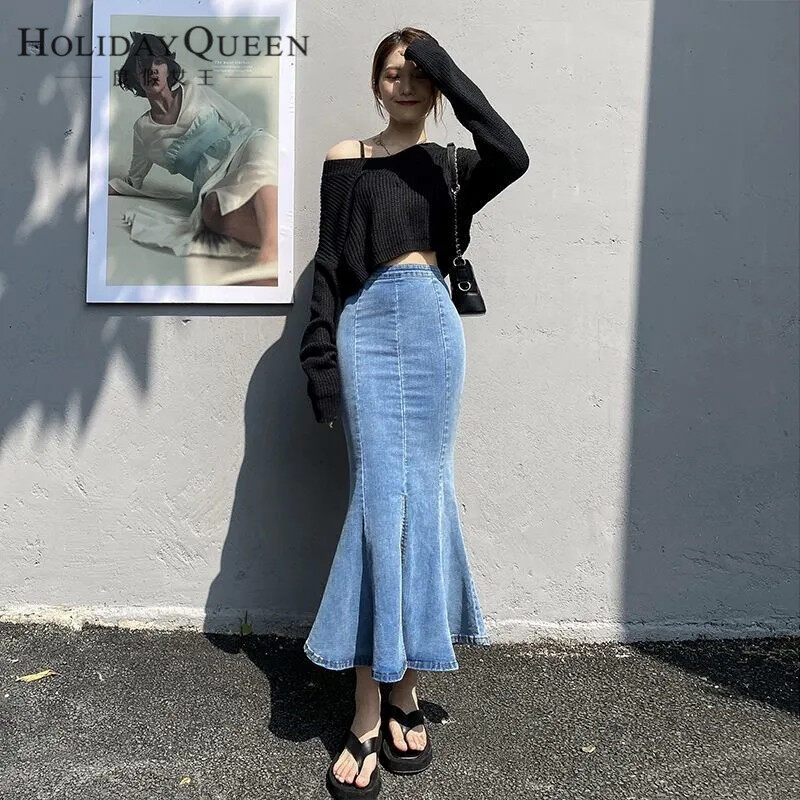 HolidayQueen  New Spring and Summer Denim Skirt Female Design Sense High Waist A-line Ruffled Mid-length Bag Hip Fishtail Skirt Free Shipping HQP0126